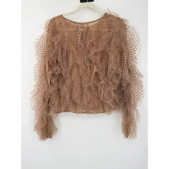 Anthropologie Dolan Womens XL Left Coast Mesh Ruffle Top Nude Polka Dot Romantic - Picture 6 of 16